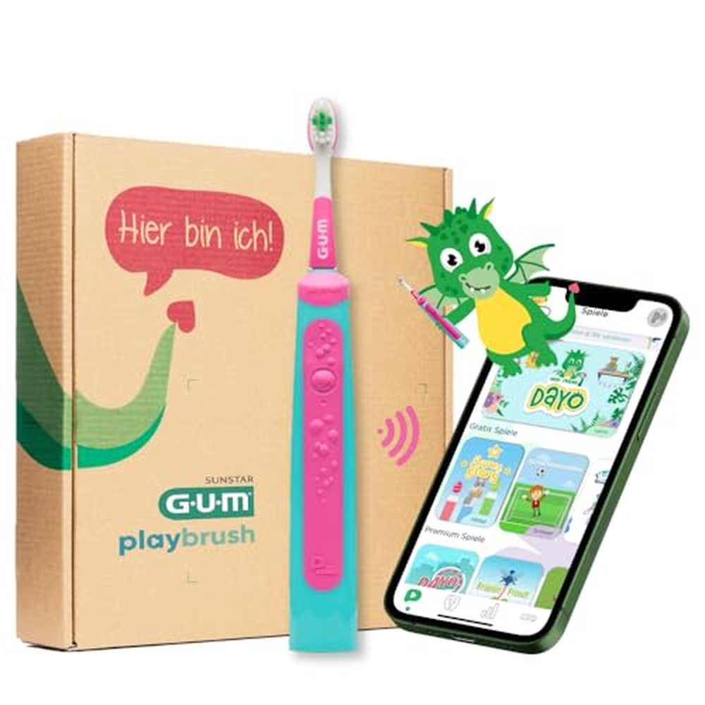 GUM Playbrush KIDS 3+, chytrý elektrický sonický zubní kartáček pro děti od 3 let s interaktivní aplikací pro hraní, ovládáním t